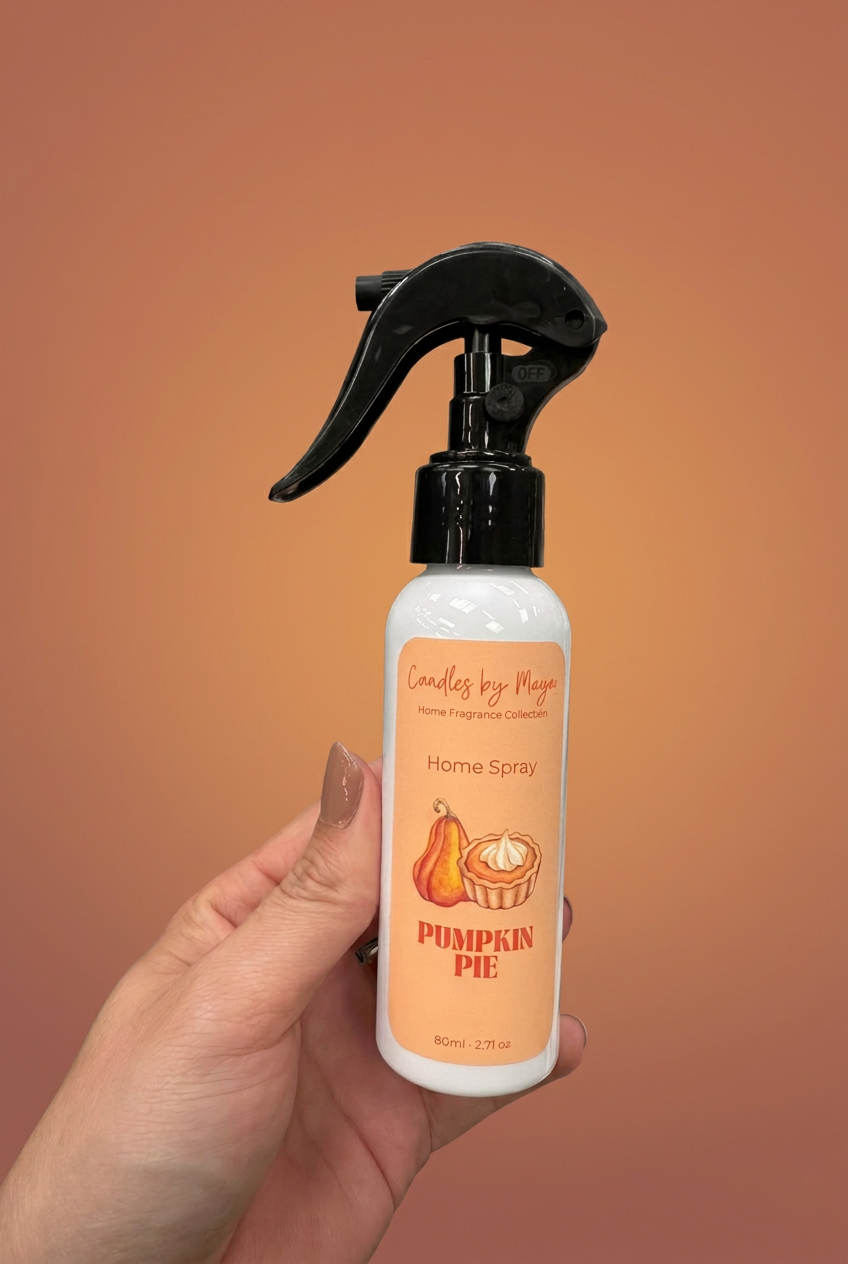 Pumpkin Pie Home Spray 80ml held in a hand against a warm terracotta studio background