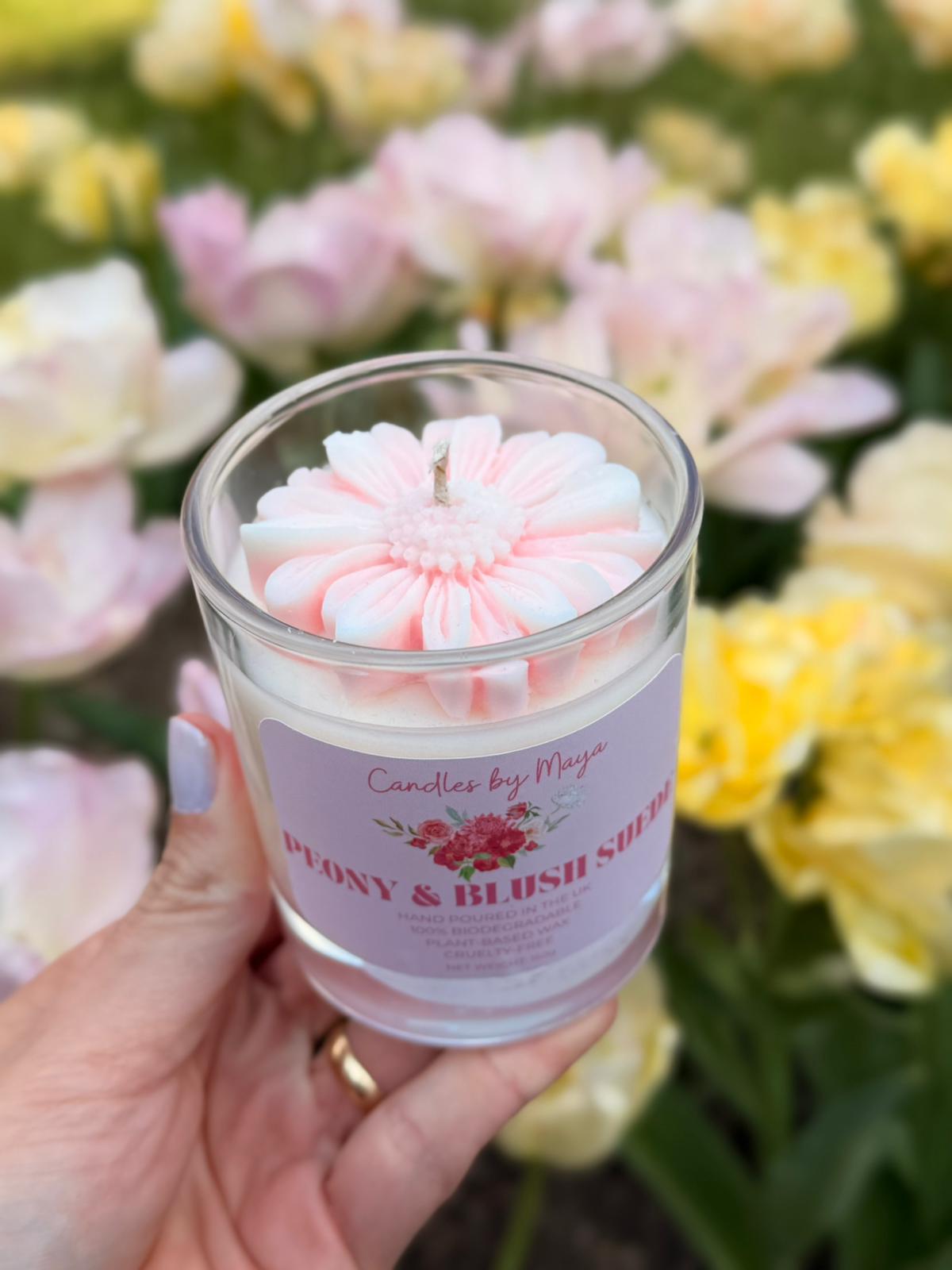 Peony & Blush Suede Candle – Floral Topped