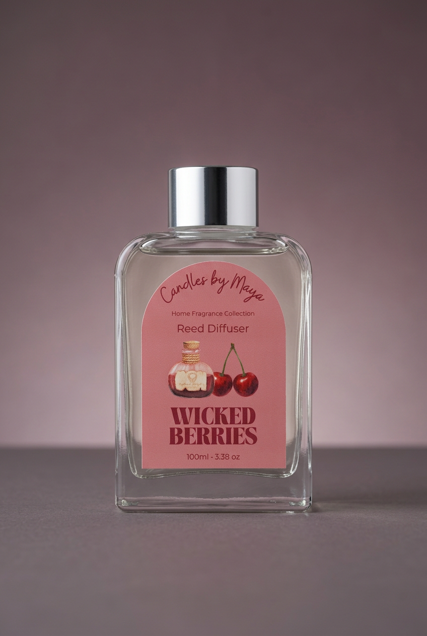 Wicked Berries 100ml reed diffuser with silver cap against a soft mauve studio background
