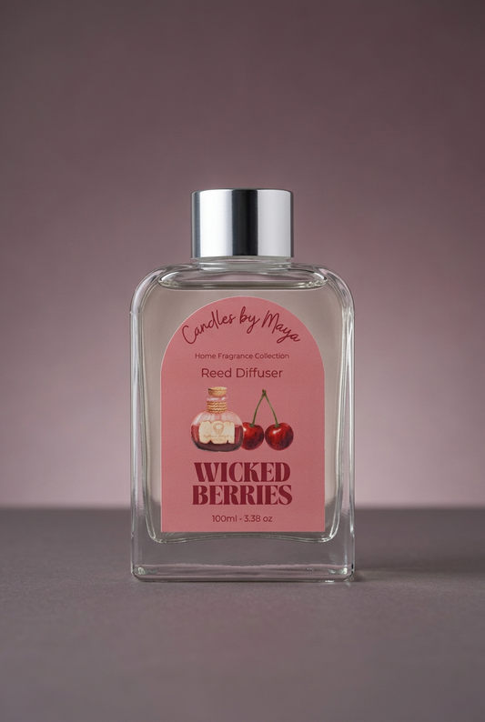 Wicked Berries 100ml reed diffuser with silver cap against a soft mauve studio background