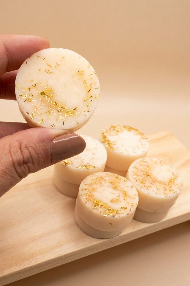 Ivory Vanilla wax melts with gold decorations, one held in a hand above a wooden base against a beige studio background