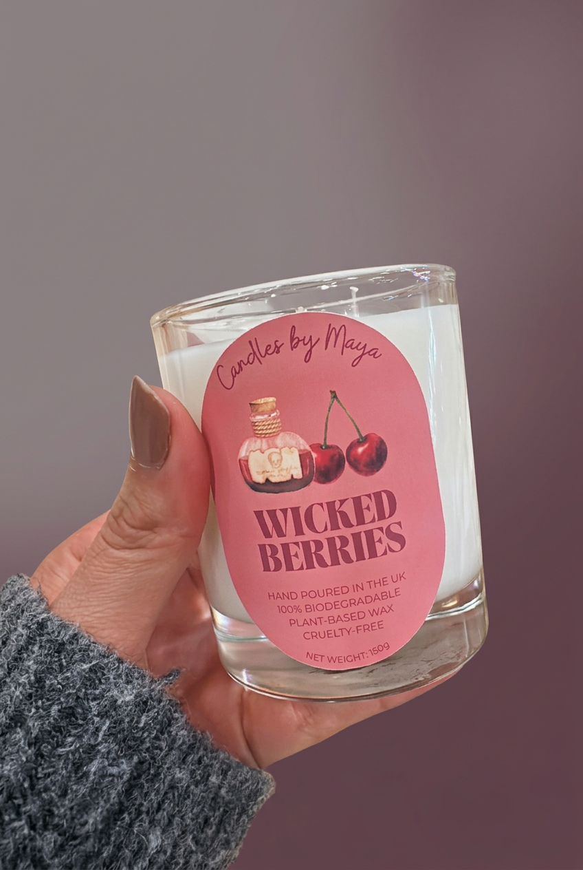 Wicked Berries Classic candle held in a hand against a soft mauve studio background